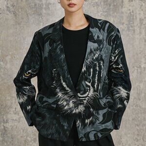 Vintage GDT Too Polyester Satin All Over Tiger Face Print Blazer Large 80s